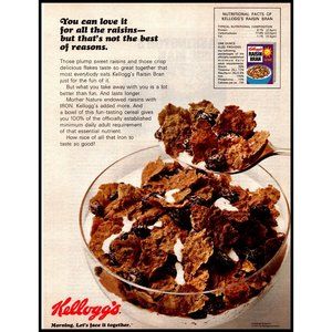 1971 Kellogg's Raisin Bran Cereal Vintage Print Ad Glass Bowl Breakfast Wall Art